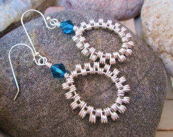 Silver Spiral Wire Blue Zircon Dangle Earrings