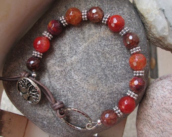 Fire Agate Antique Silver Beaded Bracelet with Tree Button and Leather Clasp