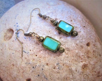 Boho Style Table Cut Czech Glass Turquoise Picasso Beads and Antique Brass Dangle Earrings