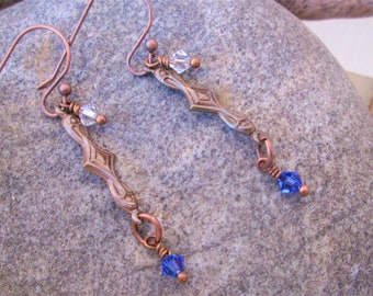 Elegant Vintage Art Deco Style Antique Copper Connector Sapphire and Crystal Swarovski Crystals Dangle Earrings