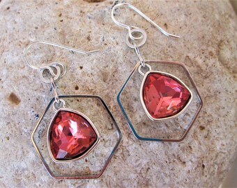 Vintage Style Red Rhinestone Triangle Charms and Silver Hexagon Hoops Dangle Earrings