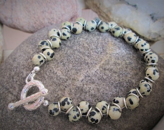 Dalmatian Jasper and Silver Goddess Inspired Beaded Bracelet