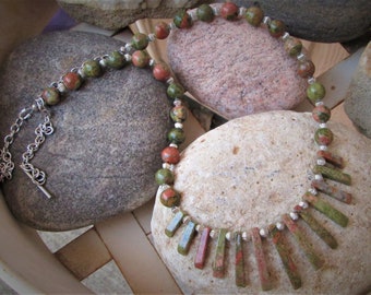 Unakite Fan Beads with Round Unakite Beads and Stainless Steel Neckalce