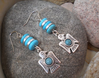 Turquoise Magnesite with Antique Silver and Turquoise Thunderbird Charm Earrings