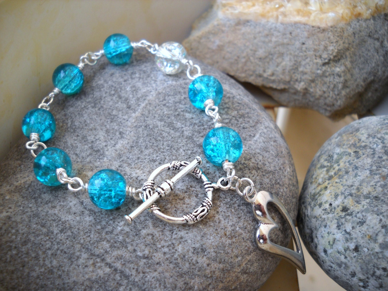 Turquoise and Clear Silver Wire Wrapped Crackle Glass Beaded - Etsy