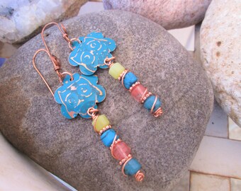 Boho Style Copper Wire wrapped Multi Stone Cylinder Beads Copper Flower with Deco Embossed Owl Vintaj Turquoise Patina Dangle Earrings