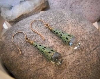 Boho Style Light Green Tourmaline Drops Antique Brass Green Patina Dangle Earrings