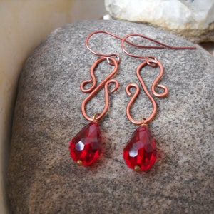 Antique Copper S Link and Wire Wrapped Ruby Red Faceted Tear Drop Bead Dangle Earrings