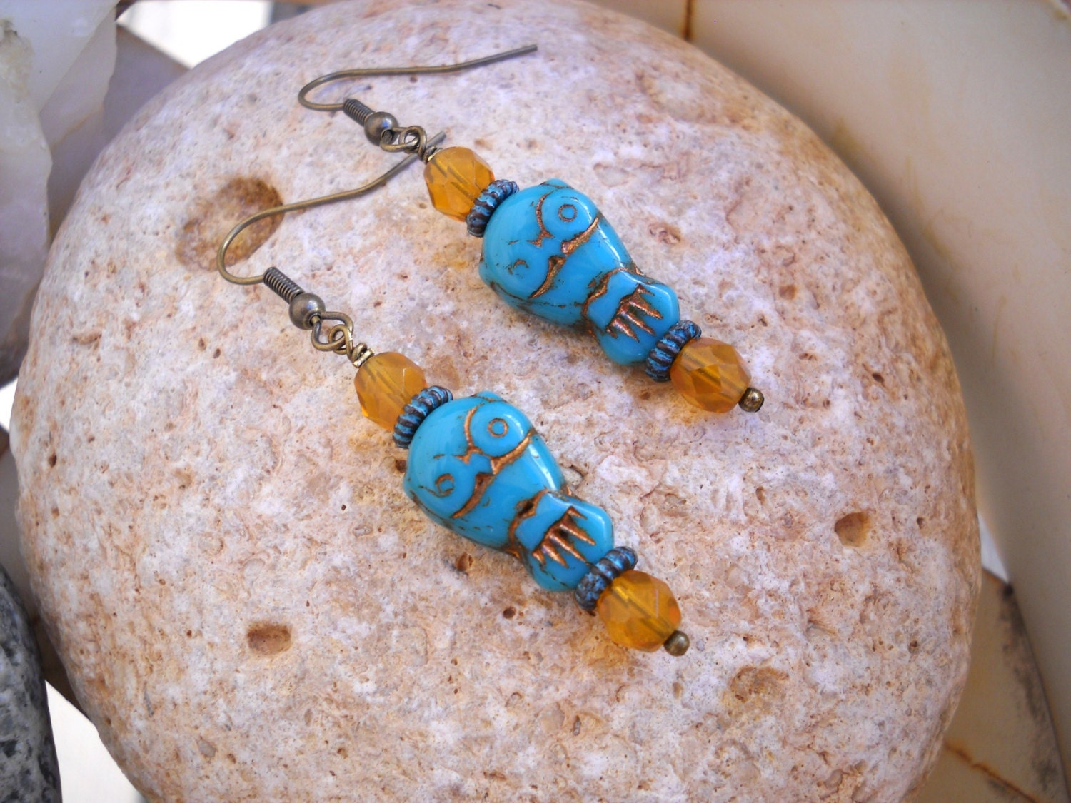 Turquoise Czech Glass Owl and Fire Polished Topaz Opal Beaded Earrings