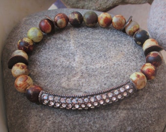 Boho Style Matte Earth Agate Beaded Bracelet with Antique Copper Rhinestone Slider Bead and Antique Copper Accents