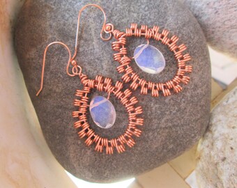 Copper Spiral Wire and Faceted Oval Opalite Beads Dangle Earrings