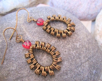 Natural Brass Spiral Wire Red Czech Glass Heart Beads Dangle Earrings