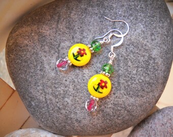 Yellow Coin Flower Bead with Green and Fire Polished Red Lined Czech Glass and Silver Wire Wrapped Earrings