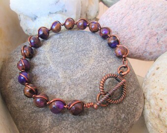 Boho Style Purple Mosaic Quartz Antique Copper Wire Wrapped Bangle Bracelet