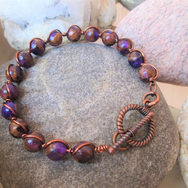 Boho Style Purple Mosaic Quartz Antique Copper Wire Wrapped Bangle Bracelet