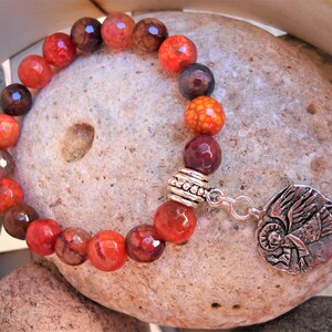 Crackle Agate Beaded Stretch Bracelet with Oxidized Pewter Green Girl Studios Guardian Angel Charm