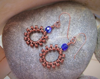 Antique Copper Spiral Wire Cobalt Blue Faceted Czech Glass Bead Dangle Earrings