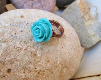 Think Spring Blue Turquoise Rose Bead and Antique Copper Wire Wrapped Ring