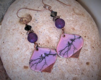 Etched Violet Purple Wash Druk Beads Jet Swarovski Crystal Bicones with Purple and Black  Enameled Dangles and Copper Accents Earrings