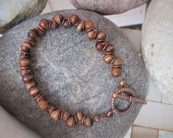 Stripped Dzi Bead Antique Copper Goddess Inspired Beaded Bracelet