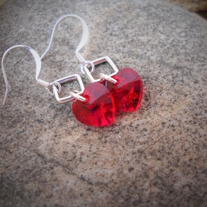Elegant Swarovski Red Siam Heart and Silver Diamond Earrings