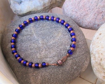 Antique Copper and Cobalt Blue Czech Glass Beaded Bracelet with Magnetic Clasp