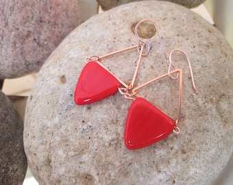 Boho Style Rose Gold Triangle Red Czech Glass Triangle Beads Dangle Earrings