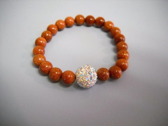Brown GOLDSTONE Beaded Stretch Bracelet with PAVE Bead Accent