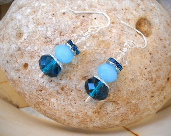 Elegant Wire Wrapped Blue Zircon Light Blue and Crystal Beaded Dangle Earrings