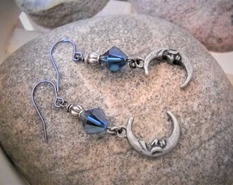 Wire Wrapped Dark Sapphire Faceted Bicone Crystals and Gunmetal Moon Charm Dangle Earrings
