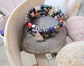 Boho Style Czech Glass and Silver Hematite Memory Wire Bracelet with Buddha Charm