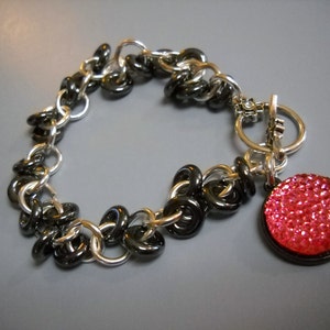 Silver and Hematite Shaggy Loop Chainmaille Bracelet with Gunmetal and Pink Charm