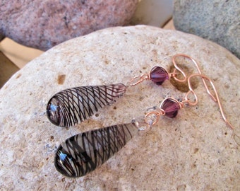 Boho Style Purple Swirl Glass Teardrop Amethyst Swarovski and Rose Gold Dangle Earrings