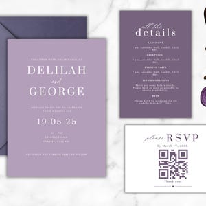 Suite di inviti per matrimonio viola chiaro e viola scuro / Modello minimalista modificabile / Download immediato / Scheda RSVP e dettagli inclusa