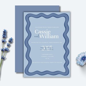 Invitación de boda en azul claro y azul oscuro con tarjeta de detalles: plantilla editable, descarga digital