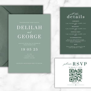Sage Green and Forest Green Minimalist Wedding Invitation Suite | Instant Download | Printable Invite, Details Card & RSVP Template