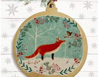 Fox and Wren Wooden Decoration