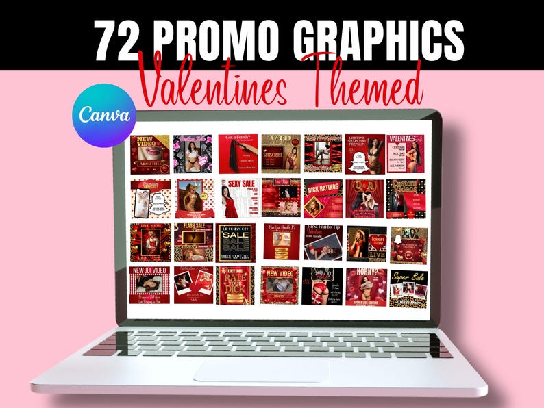 Op de afbeelding: Een laptopscherm toont 72 Valentijnsdag-thema promotiegraphics. De graphics zijn rood en wit, met tekst als "Sexy Sale" en "New Video". Het Canva-logo is zichtbaar.