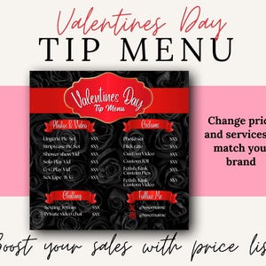 Op de afbeelding: Een Valentijnsdag Tip Menu met een zwarte rozen achtergrond en rode accenten. Het menu bevat verschillende foto- en video-opties, aangepaste verzoeken en chatservices. De tekst bevat "Verander prijzen en diensten zodat ze bij uw merk passen" en "Verhoog uw verkoop met prijslijsten".
