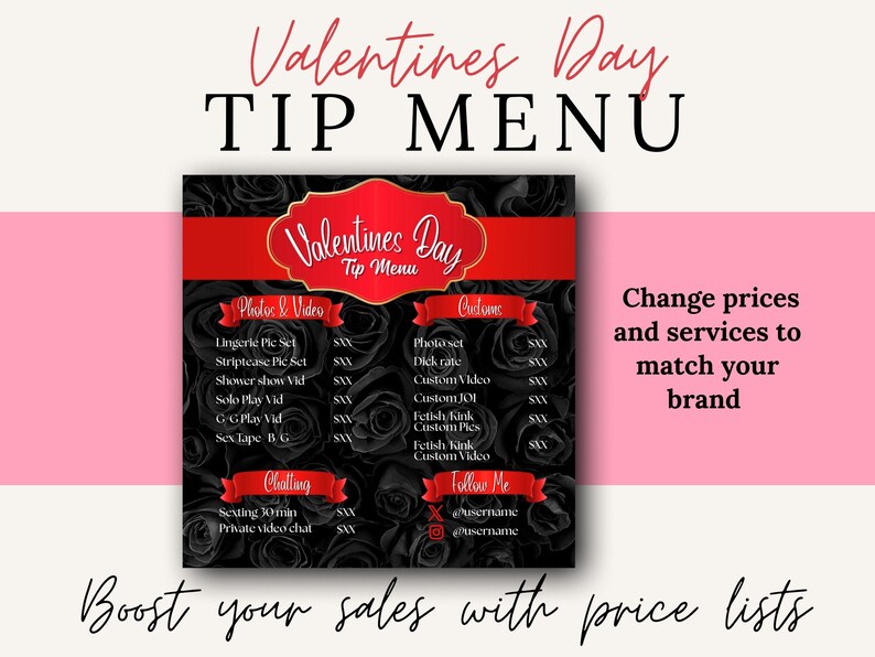 Op de afbeelding: Een Valentijnsdag Tip Menu met een zwarte rozen achtergrond en rode accenten. Het menu bevat verschillende foto- en video-opties, aangepaste verzoeken en chatservices. De tekst bevat "Verander prijzen en diensten zodat ze bij uw merk passen" en "Verhoog uw verkoop met prijslijsten".