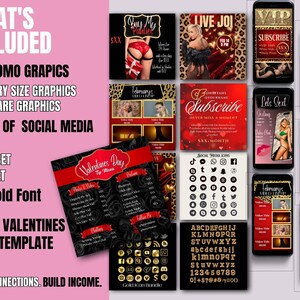 Op de afbeelding: Een promotionele grafische bundel met 72 promografieken, 36 graphics van verhalenformaat en 36 vierkante graphics. Inclusief social media-iconen, een 3D-gouden lettertype en een bonus Valentijnsdag-menusjabloon. De graphics worden op smartphones weergegeven.
