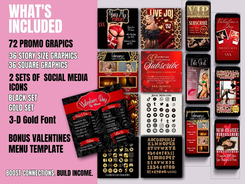Op de afbeelding: Een promotionele grafische bundel met 72 promografieken, 36 graphics van verhalenformaat en 36 vierkante graphics. Inclusief social media-iconen, een 3D-gouden lettertype en een bonus Valentijnsdag-menusjabloon. De graphics worden op smartphones weergegeven.