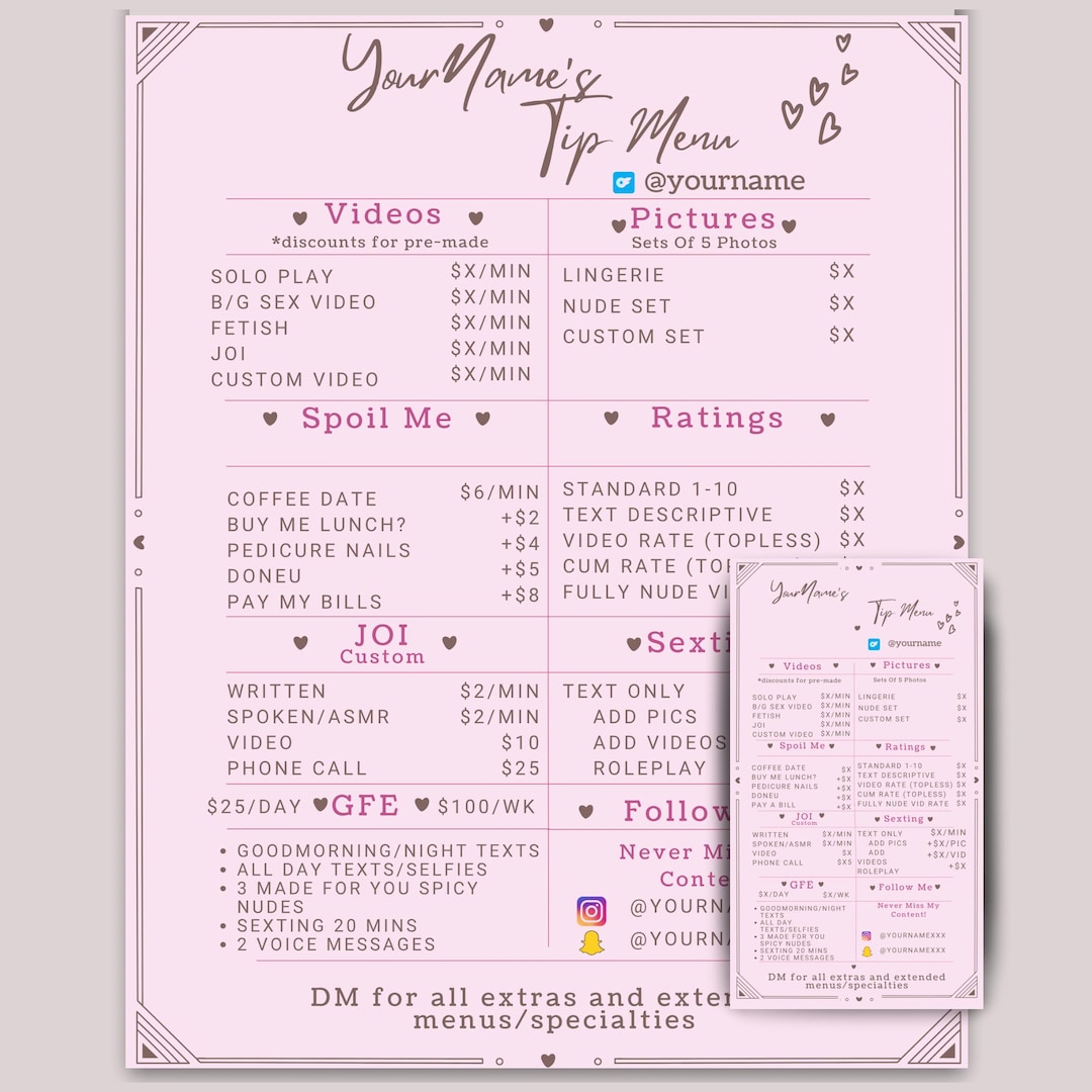 Editable Onlyfans Custom Tip Menu Template: Pink Canva Design (digital ...