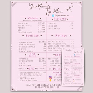 May include: A pink tip menu with various services listed, including videos, pictures, and custom options. The menu features text such as "Spoil Me," "Ratings," and "Sexting," along with social media handles.