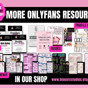 Op de afbeelding: Een promotieafbeelding met de tekst "MORE ONLYFANS RESOURCES" en diverse digitale producten. De afbeelding bevat gidsen, scripts, fooimenu's en profielbanners. Een roze banner linksboven zegt "Use CODE SHOP600FF for 60% OFF".