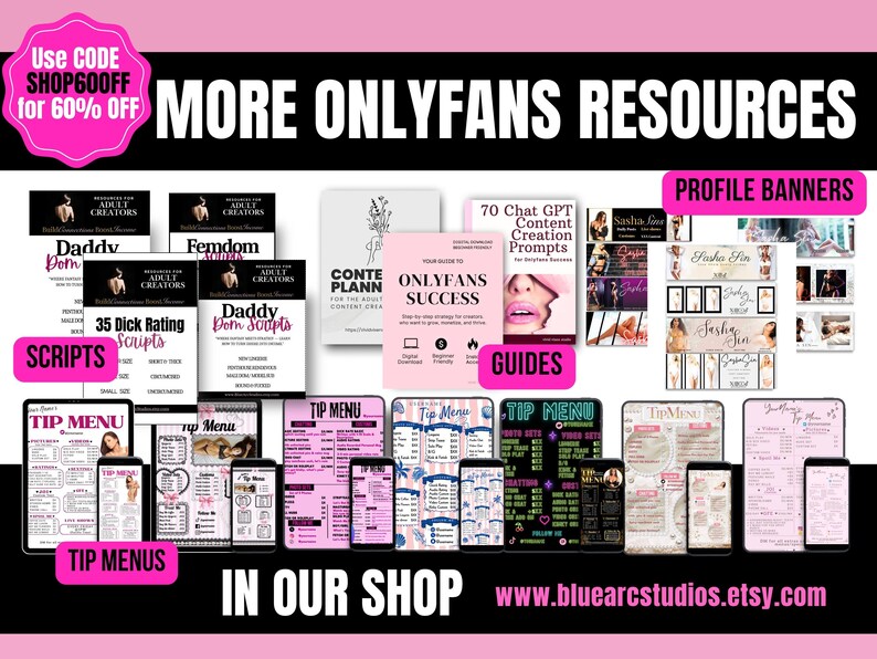 Op de afbeelding: Een promotieafbeelding met de tekst "MORE ONLYFANS RESOURCES" en diverse digitale producten. De afbeelding bevat gidsen, scripts, fooimenu's en profielbanners. Een roze banner linksboven zegt "Use CODE SHOP600FF for 60% OFF".