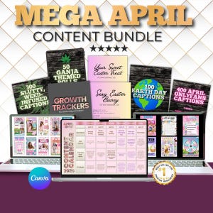 Puede incluir: Un paquete de contenido digital titulado "MEGA APRIL" con varios subtítulos y rastreadores temáticos. La imagen incluye computadoras portátiles que muestran calendarios de contenido, gráficos y el logotipo de Canva. El paquete incluye temas como "Ganja", "Pascua" y "Día de la Tierra".