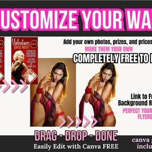 Op de afbeelding: Promotionele afbeelding met de tekst "CUSTOMIZE YOUR WAY". Het bevat afbeeldingen van vrouwen, tekst over bewerken en de zinnen "DRAG-DROP-DONE" en "COMPLETELY FREE TO EDIT".