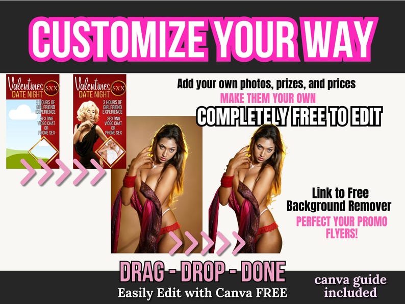 Op de afbeelding: Promotionele afbeelding met de tekst "CUSTOMIZE YOUR WAY". Het bevat afbeeldingen van vrouwen, tekst over bewerken en de zinnen "DRAG-DROP-DONE" en "COMPLETELY FREE TO EDIT".