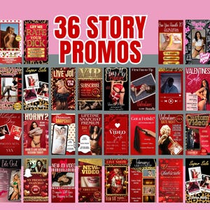 Op de afbeelding: Een promotionele afbeelding met 36 verhaalpromoties, met rode en gouden ontwerpen. Tekst bevat "36 STORY PROMOS", "LIVE JOI", "VALENTINES" en "NEW VIDEO". De afbeelding heeft verschillende afbeeldingen en tekstoverlays.
